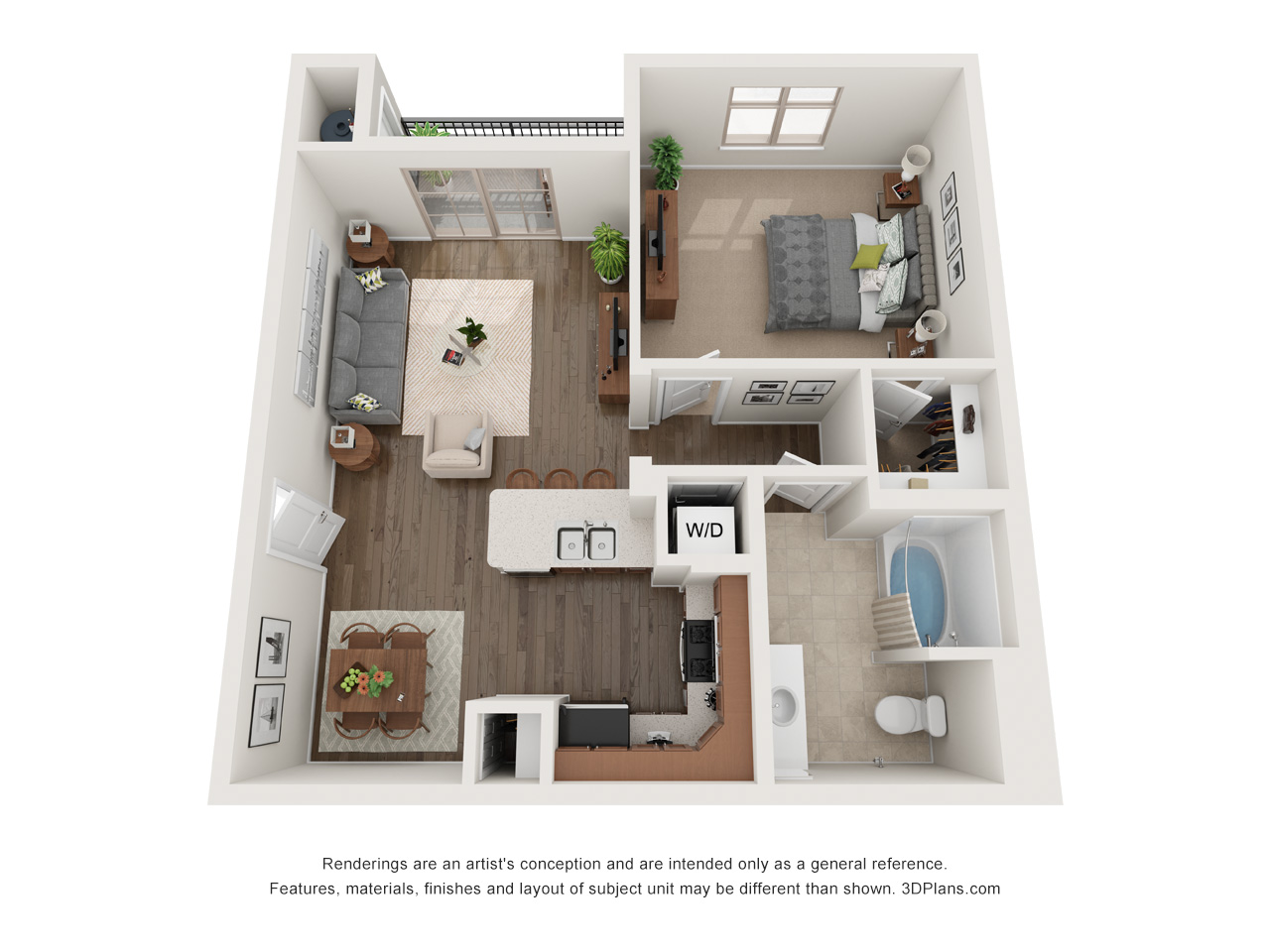 Floor plan for 1 bed, 1 bath, 739 sqft
